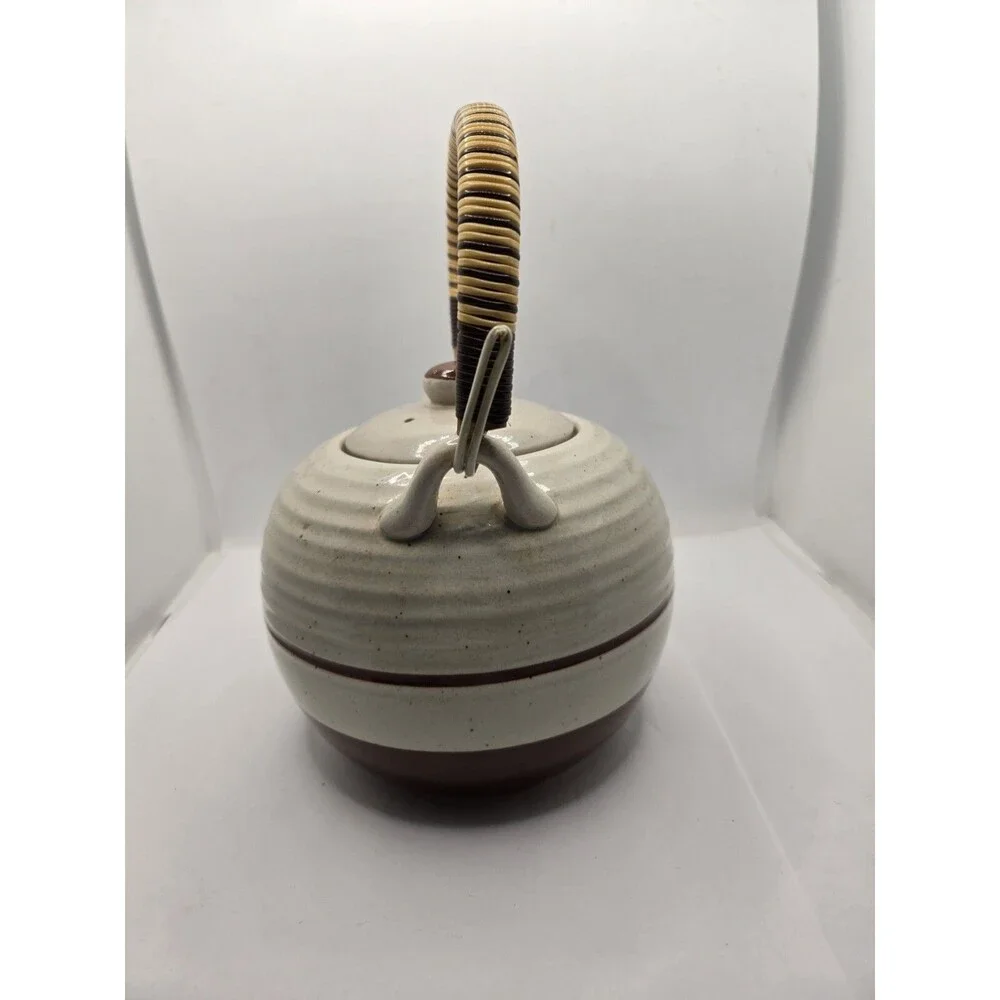 Studio Art Pottery Teapot Stoneware Rattan Handle Cream Glaze Vintage Japan